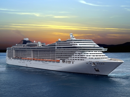 9726865 - luxury cruise ship sailing from port on sunset.
